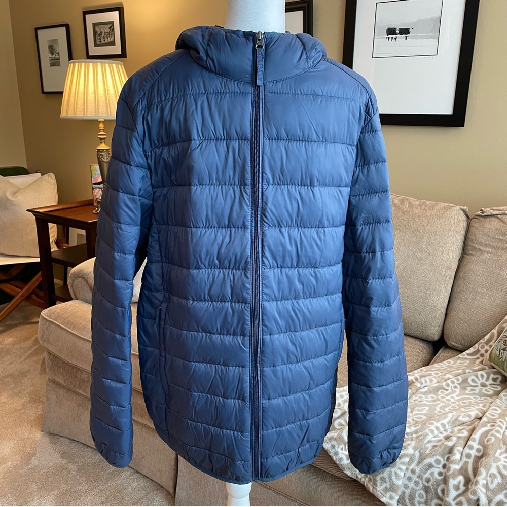 Amazon Essentials Navy Men’s Puffer Jacket Long Sleeve Hood Front Zip Size L